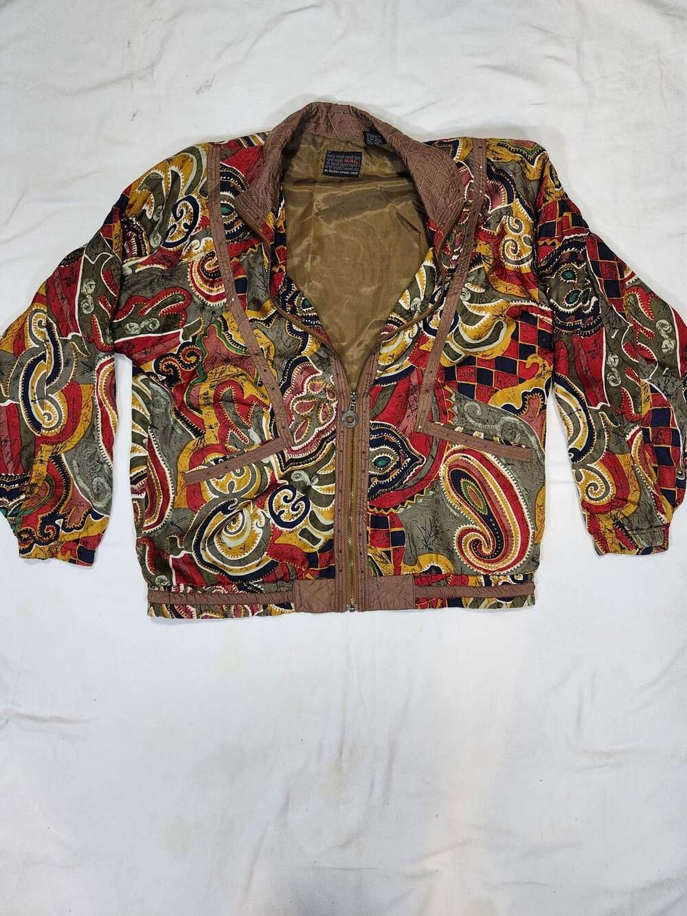 Mureli Vintage Silk Print Studded Bomber Jacket